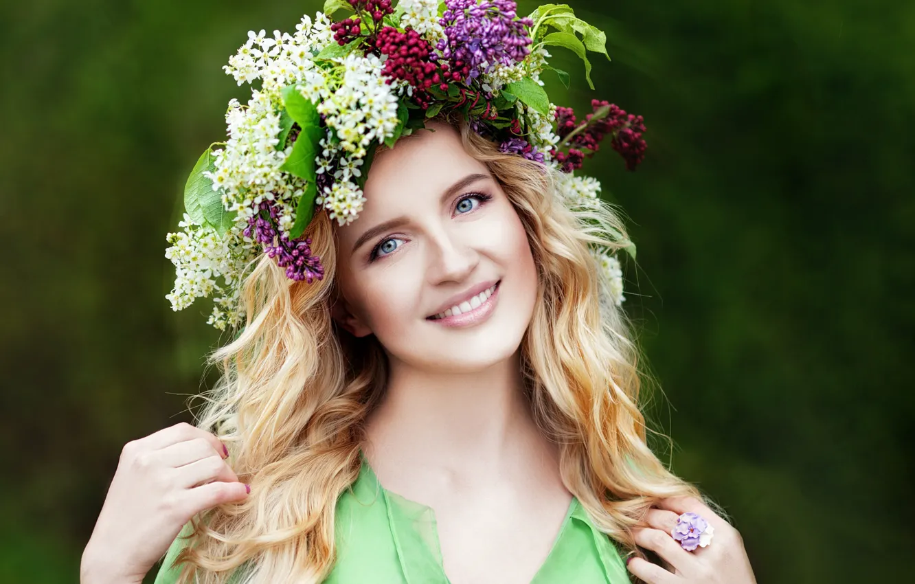 Photo wallpaper girl, smile, blonde, wreath, curls, lilac, cherry, Anna Zinn