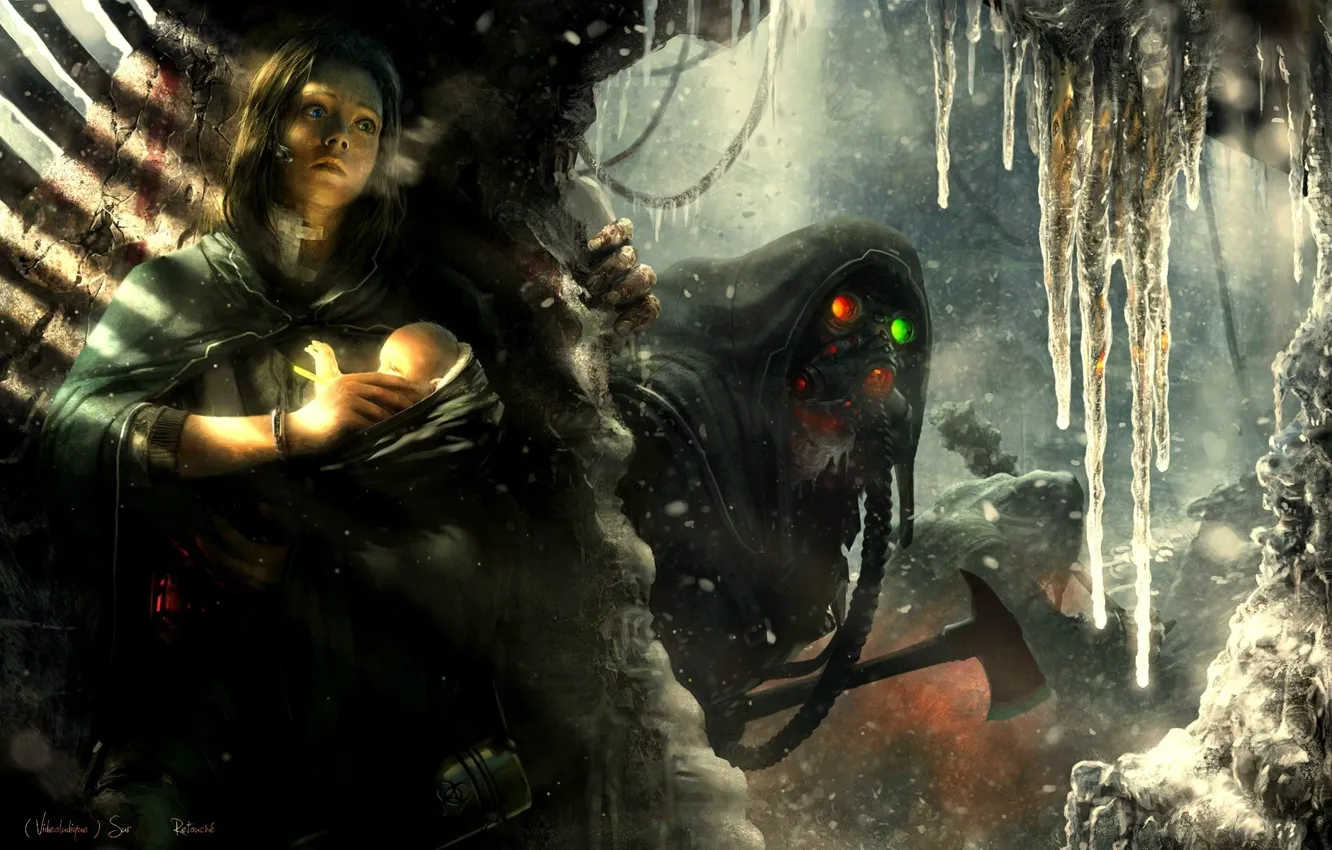 Photo wallpaper cold, fear, Apocalypse, robot, gas mask, axe, cyborg, baby