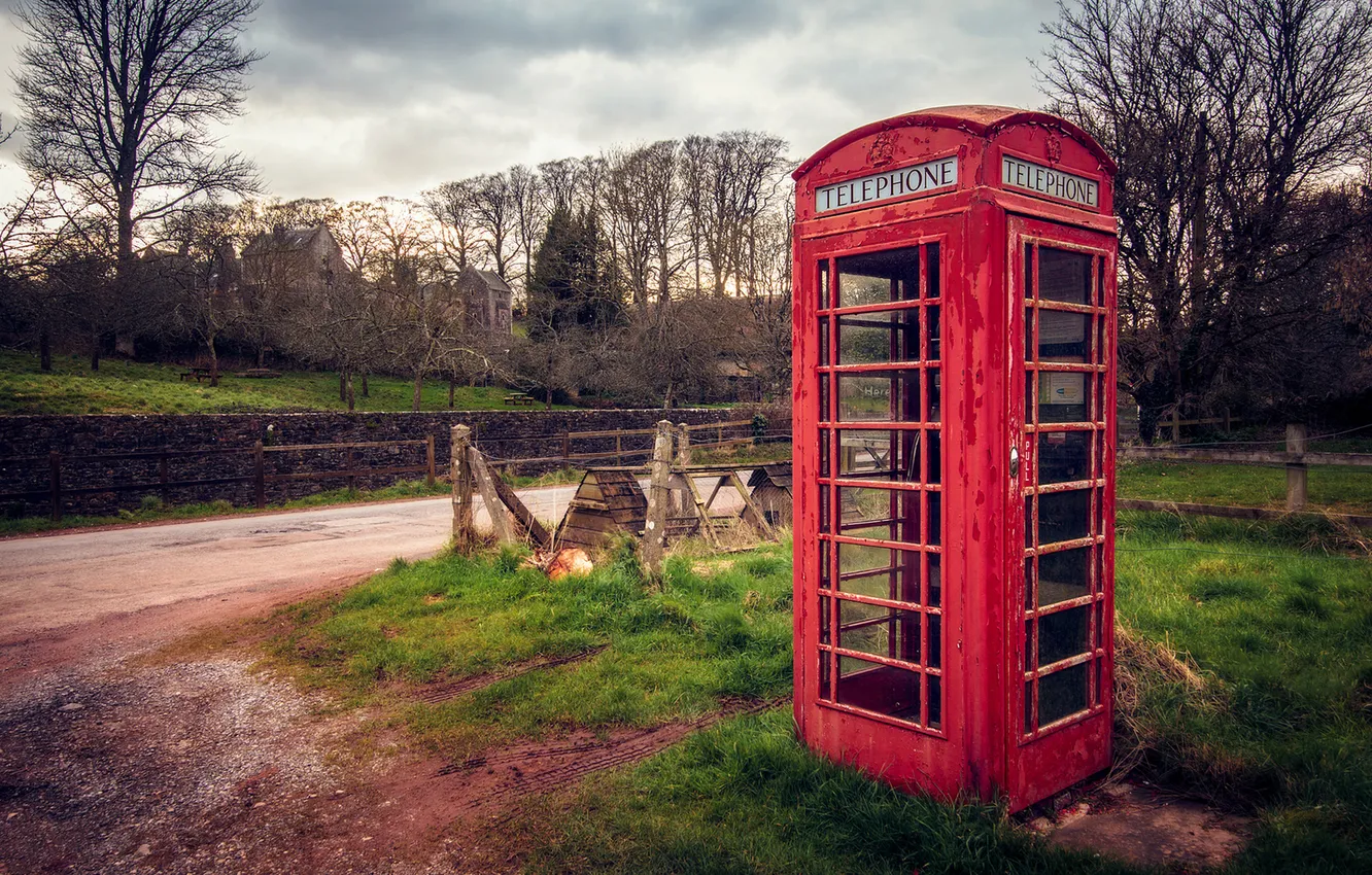 Photo wallpaper road, grass, trees, England, red, phone booth, England, Telephone box
