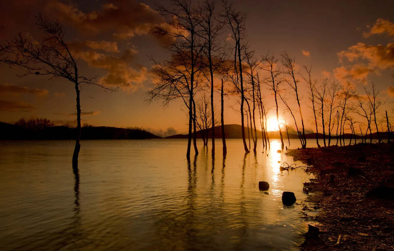 Photo wallpaper the sky, the sun, trees, sunset, lake, hills