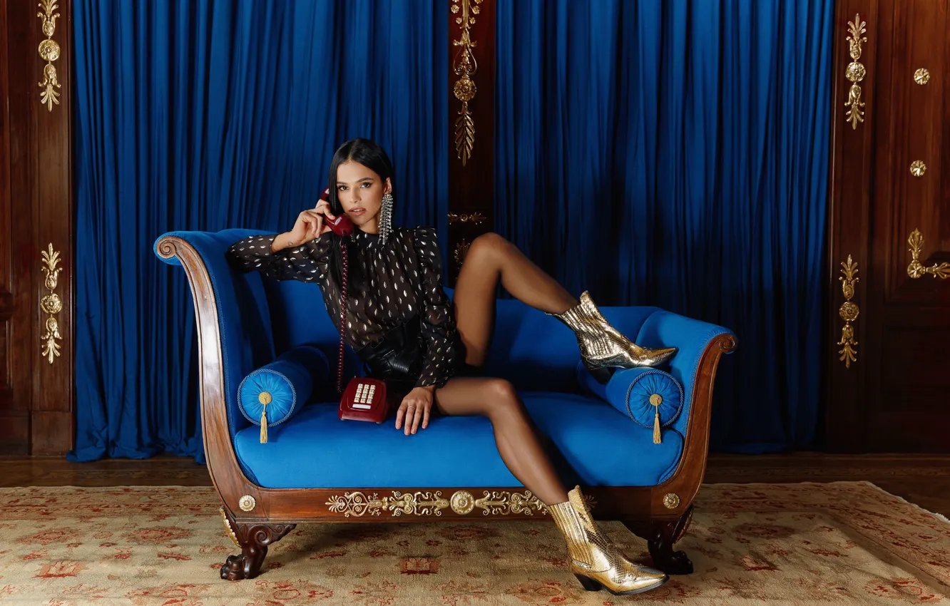 Photo wallpaper look, girl, model, actress, brunette, phone, beautiful, sitting