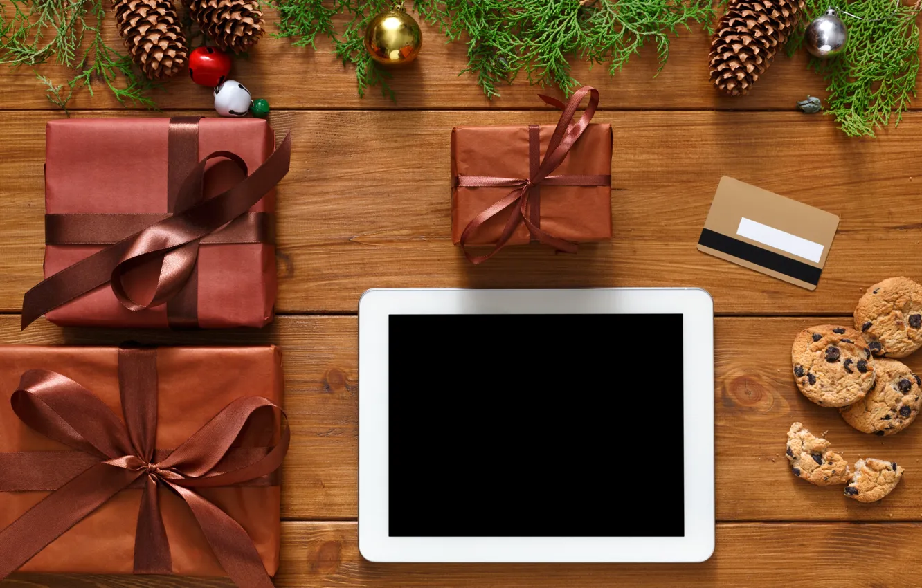 Photo wallpaper decoration, gift, balls, new year, Christmas, Christmas, tablet, wood