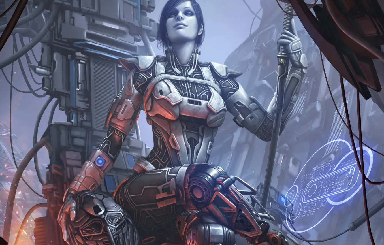 Photo wallpaper girl, fiction, art, costume, helmet, spear, Yoyuen