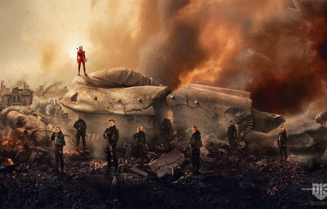 Photo wallpaper the city, lights, ash, smoke, bow, costume, the ruins, statue