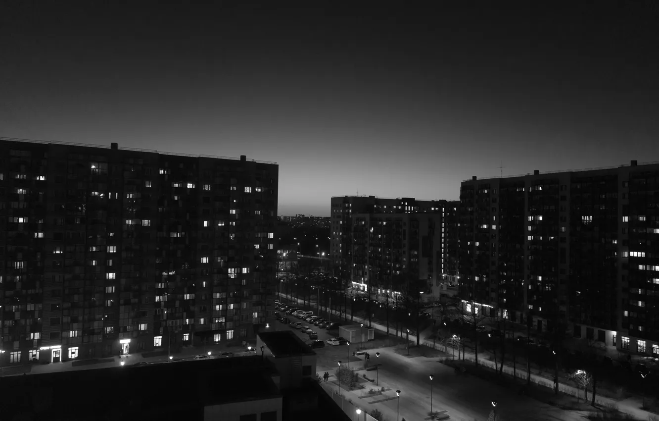 Photo wallpaper light, the city, people, building, home, window, black and white, Russia