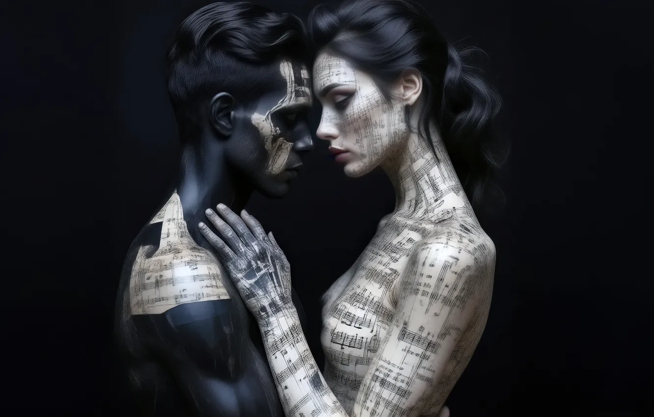 Photo wallpaper Muse, AI art, guy, neural network, black leather, profile, pair, brunette