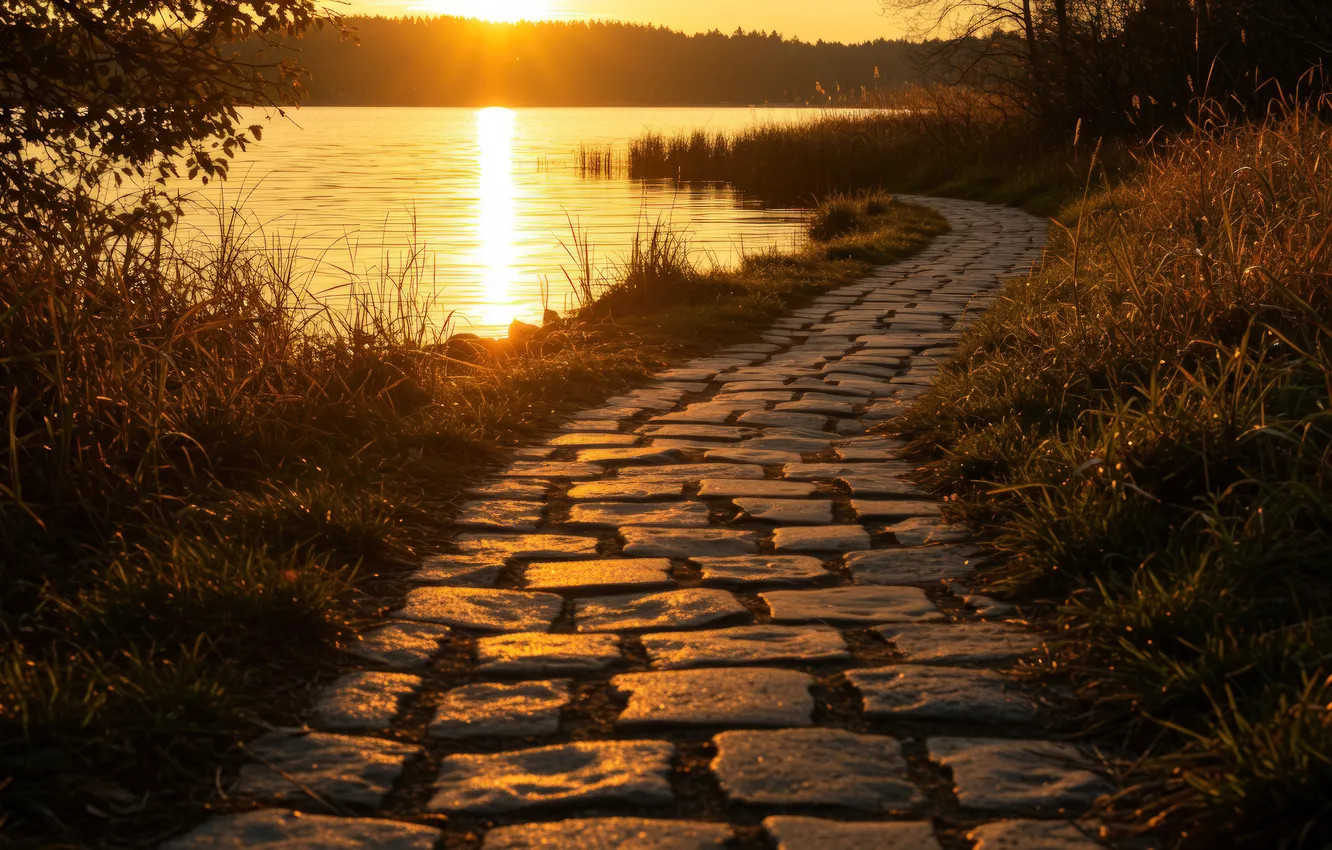 Photo wallpaper grass, the sun, rays, light, sunset, nature, shore, tile