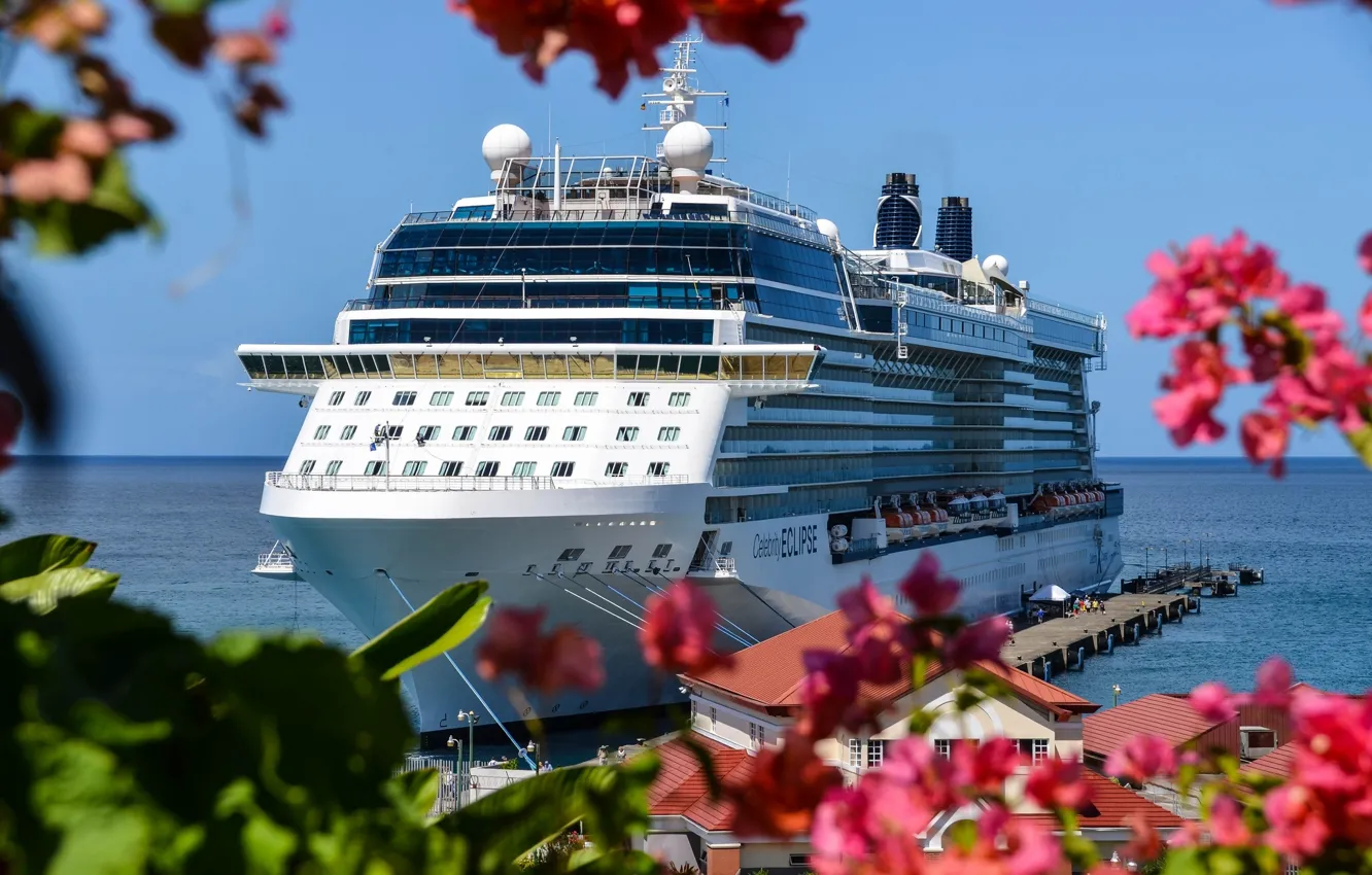 Photo wallpaper sea, flowers, pier, liner, cruise