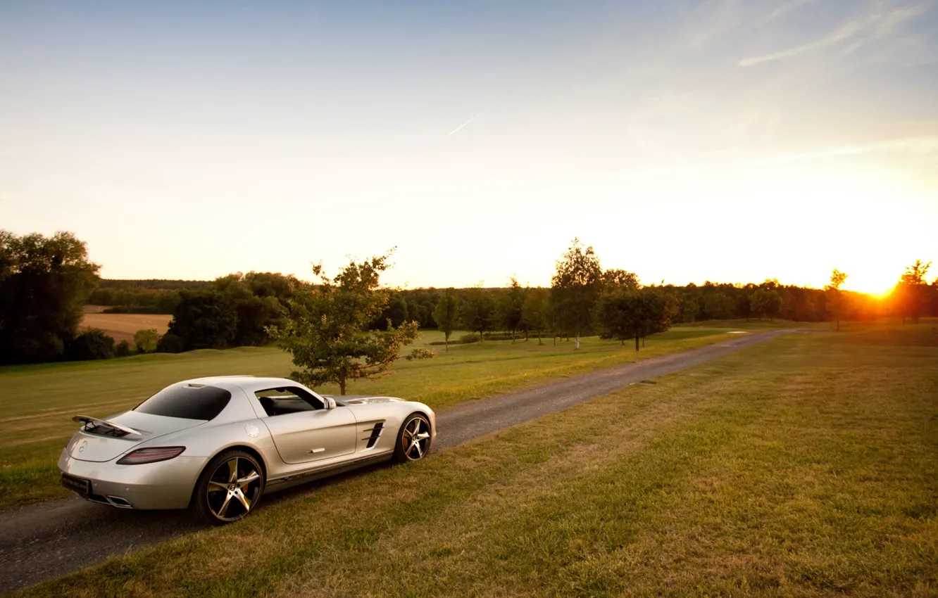 Photo wallpaper road, the sky, sunset, Mercedes-Benz, silver, Mercedes, supercar, rear view