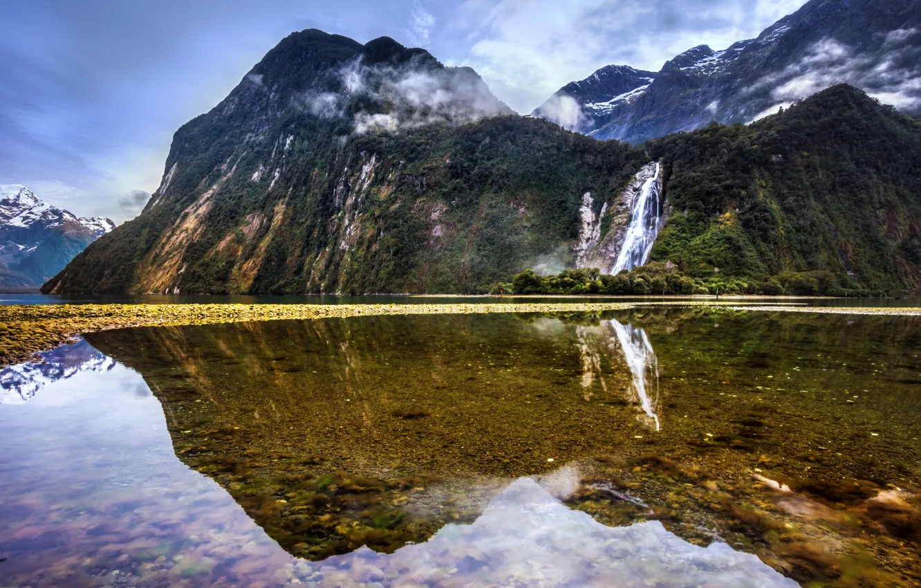 Photo wallpaper the sky, clouds, mountains, lake, waterfall