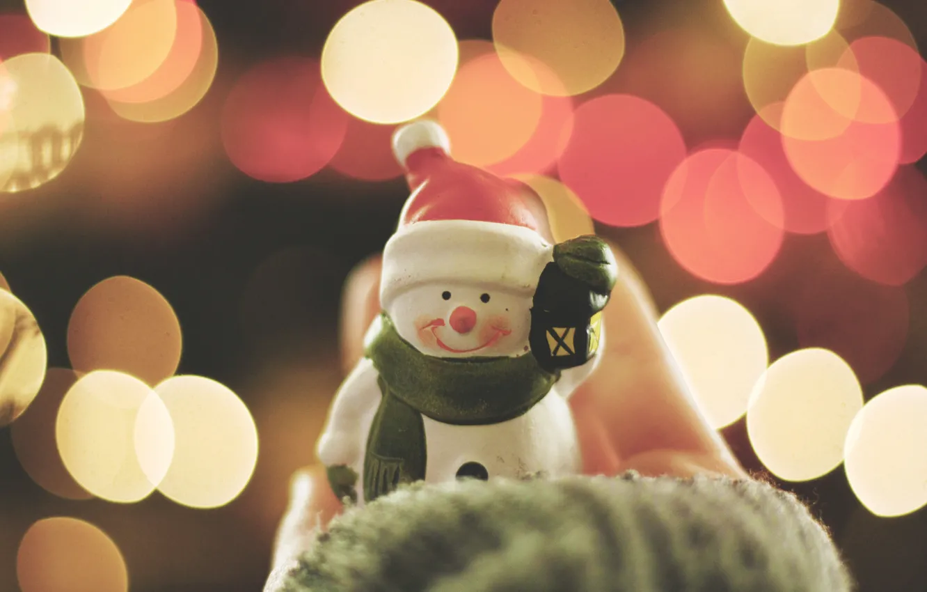 Photo wallpaper lights, smile, new year, snowman, cap, bokeh, smiling