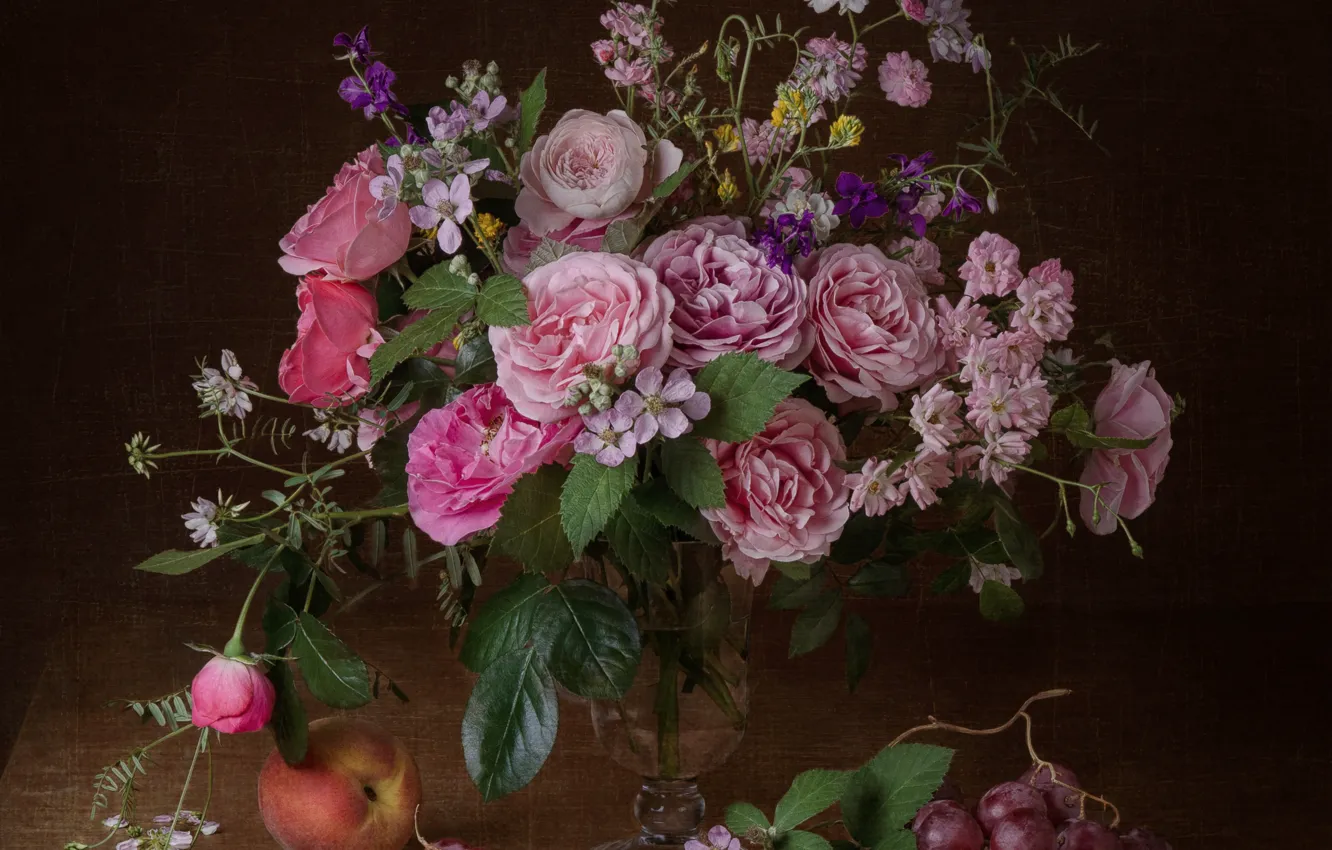 Photo wallpaper flowers, roses, bouquet, grapes, still life, peach, Olga Kotsareva