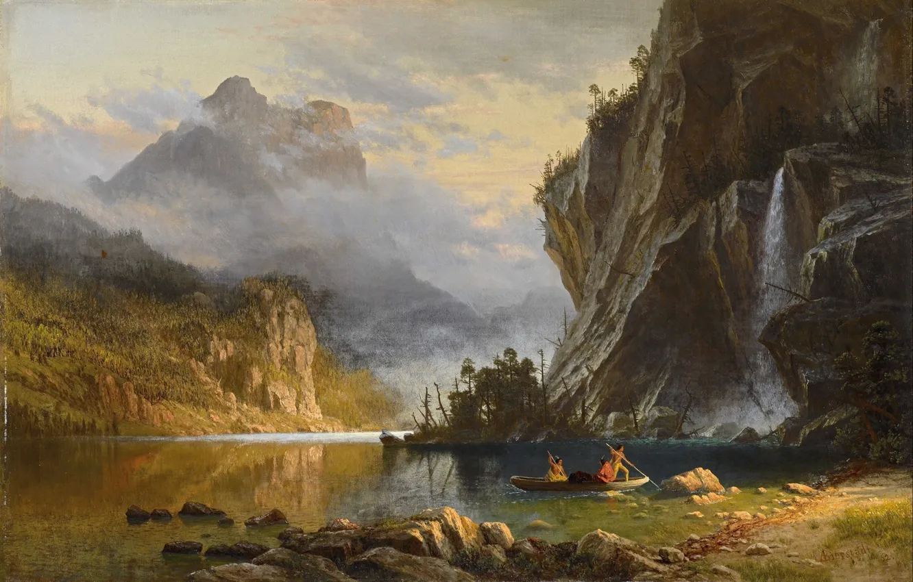 Photo wallpaper landscape, nature, art, Albert Bierstadt, Albert Bierstadt, Indians Spear Fishing