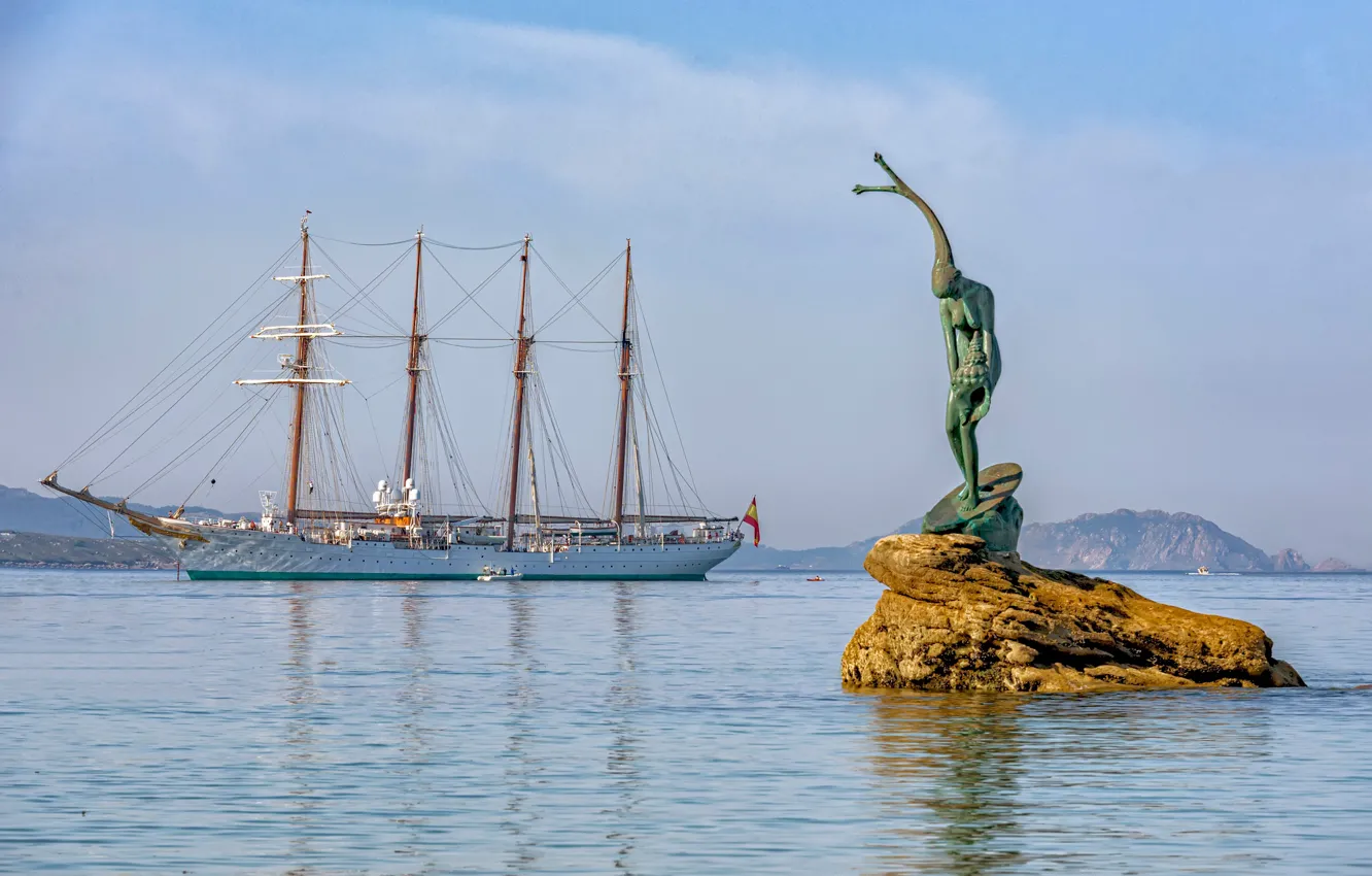 Photo wallpaper sea, rocks, ship, sailboat, sculpture, Spain, Spain, Sanxenxo