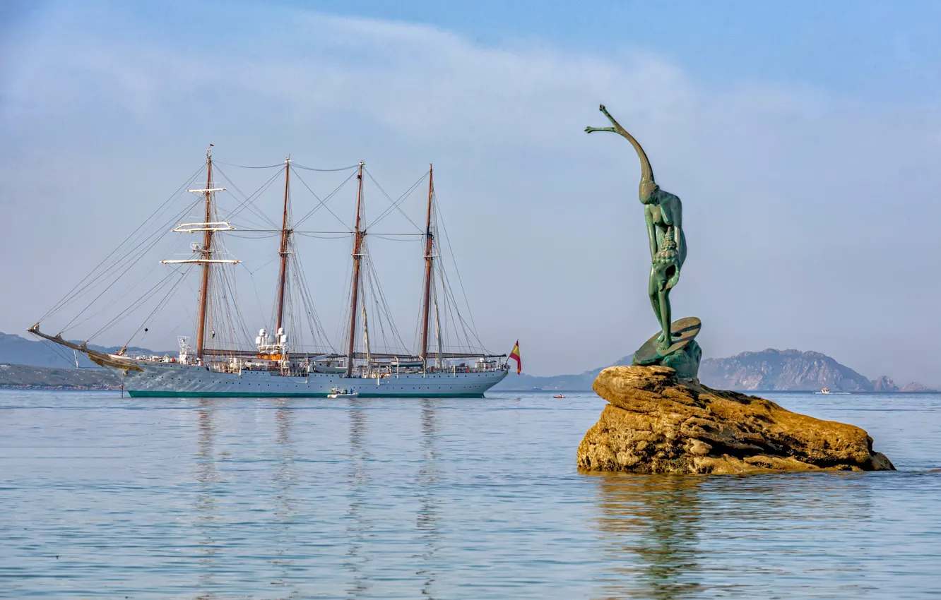 Photo wallpaper sea, rock, ship, sailboat, sculpture, Spain, Spain, Sanxenxo