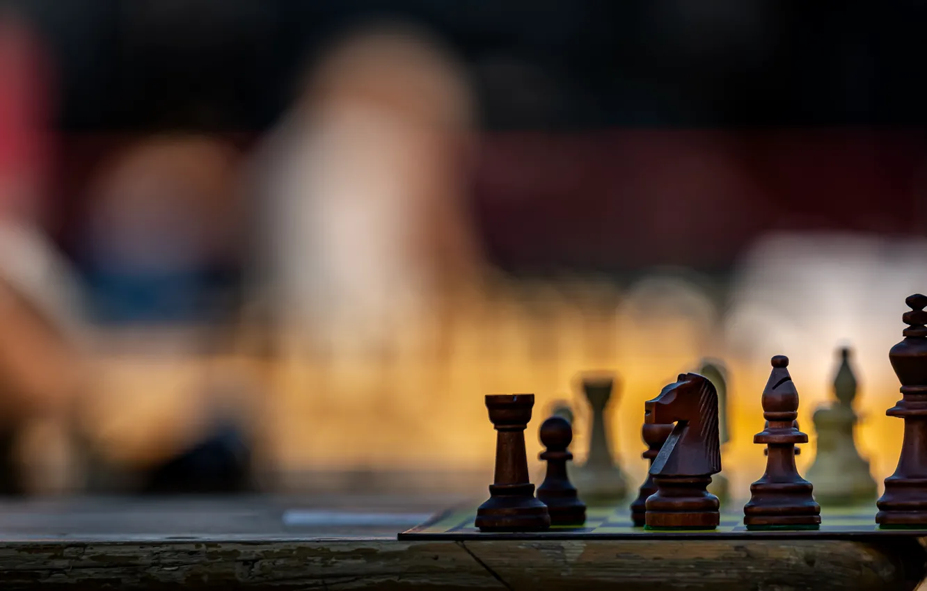 Photo wallpaper table, horse, elephant, chess, pawn, wooden, chess Board, bokeh