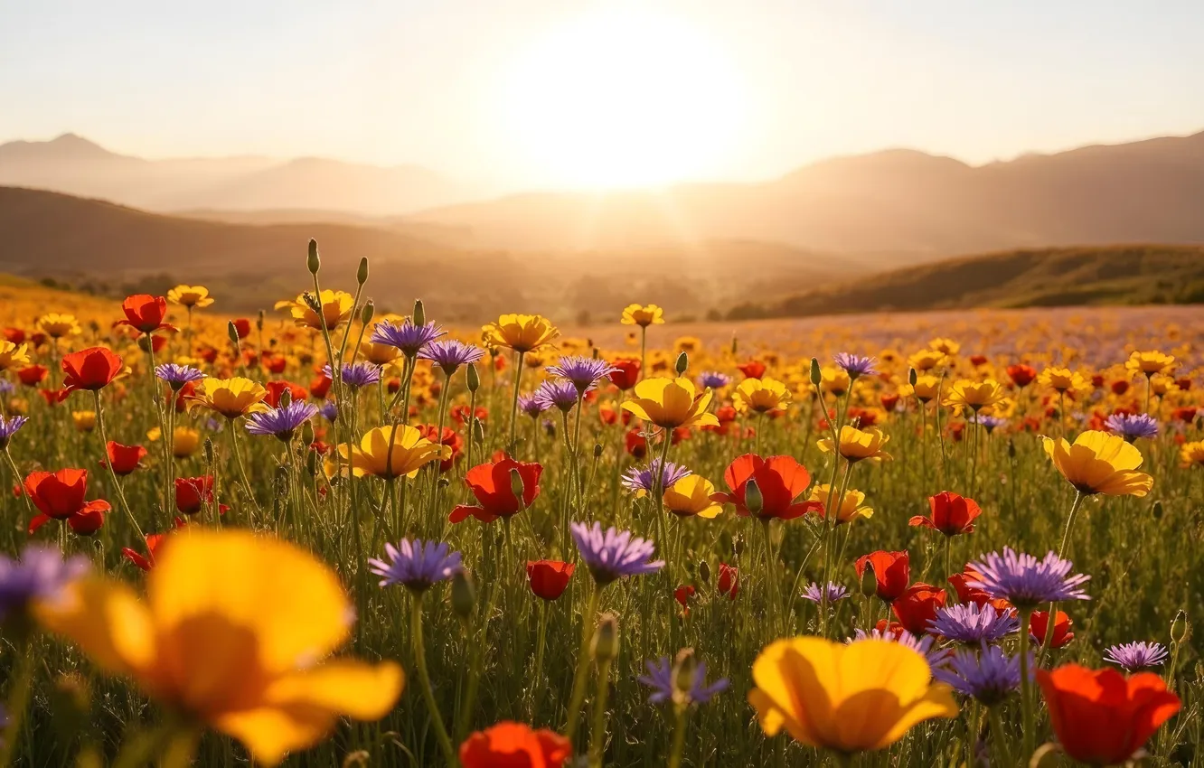 Photo wallpaper flowers, mountains, spring, colorful, meadow, blossom, flowers, mountains