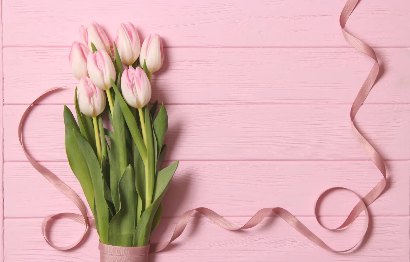 Photo wallpaper flowers, gift, bouquet, tulips, pink, wood, pink, flowers