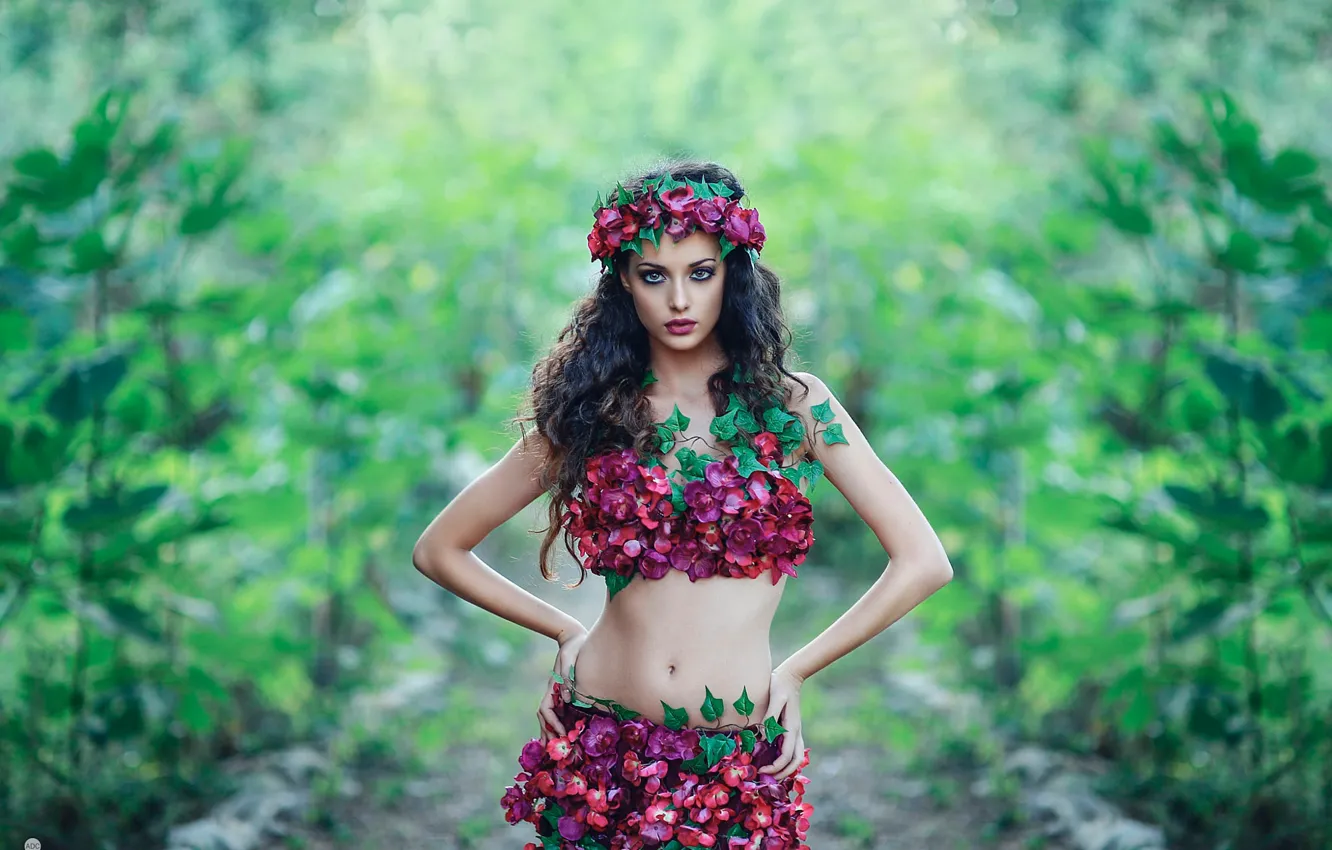 Photo wallpaper look, flowers, sexy, pose, background, model, body, skirt