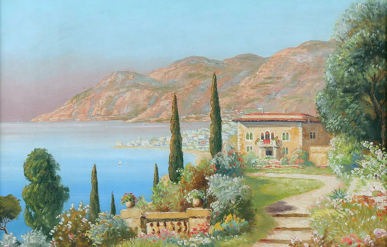 Photo wallpaper water, trees, mountains, home, picture, Alois Arnegger, Austrian painter, Alois Arnegger