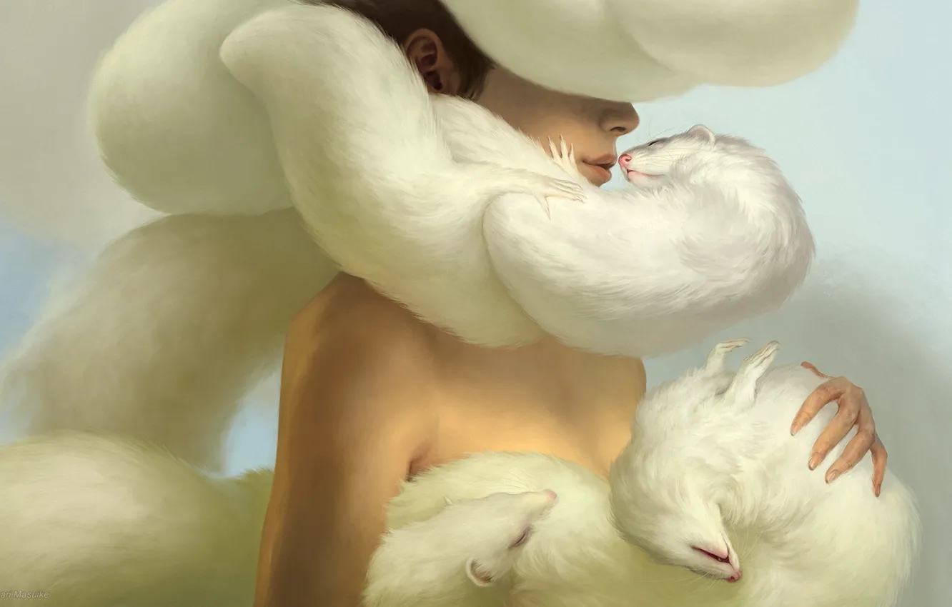 Photo wallpaper girl, tenderness, art, fur, a lot, ferret, Masuike Up