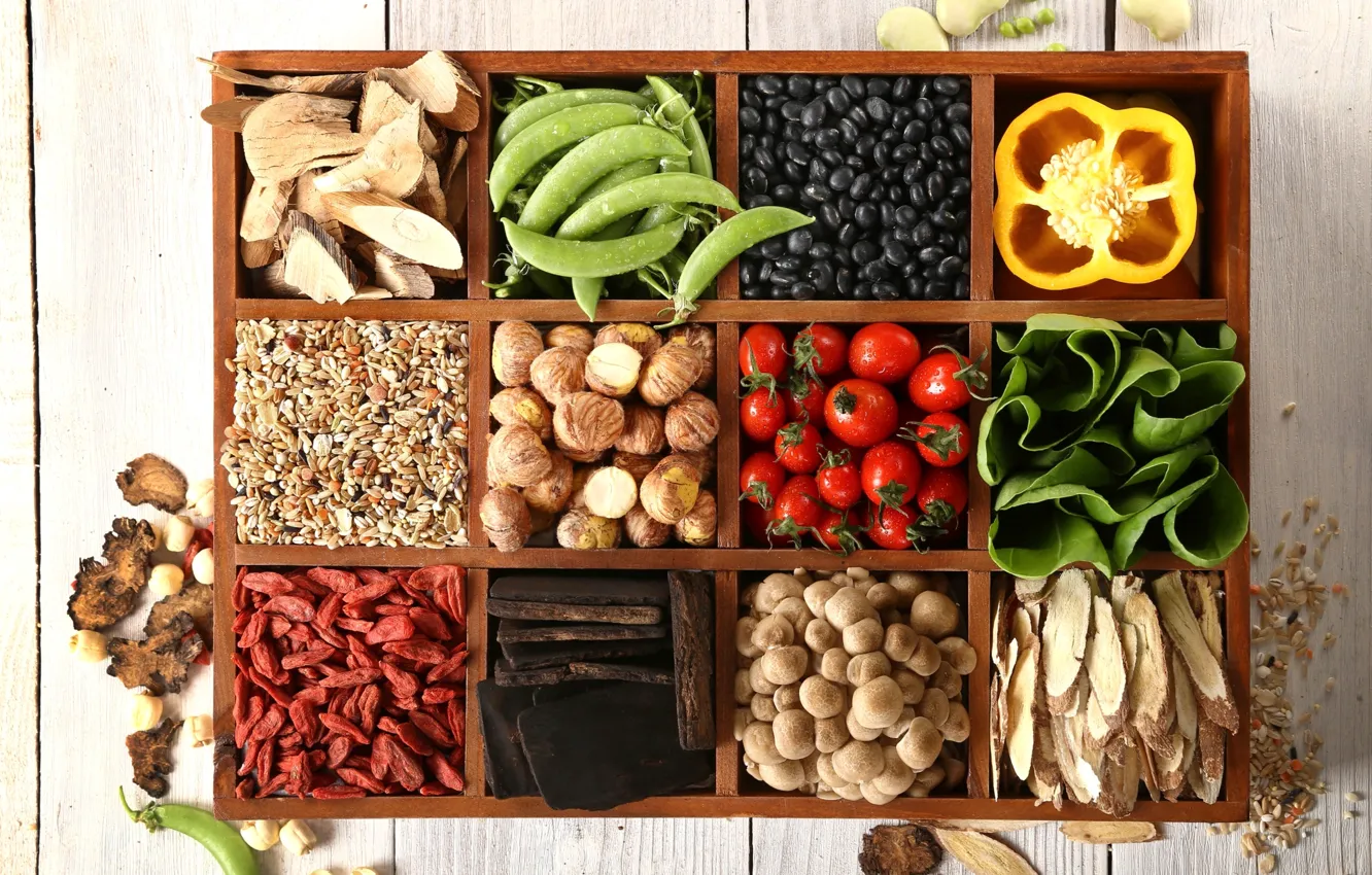 Photo wallpaper mushrooms, peas, pepper, chestnuts, cherry, cuts, beans, Goji