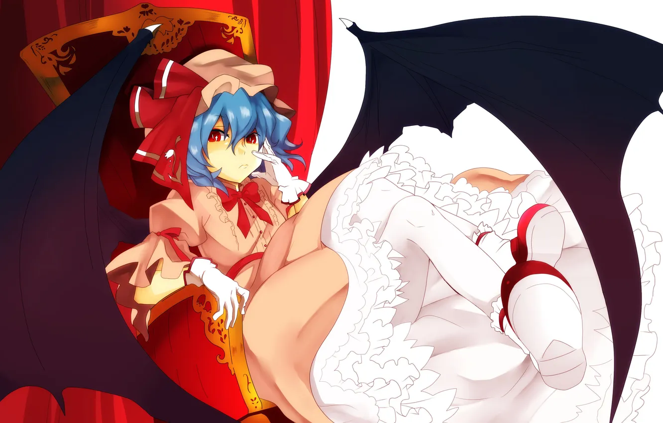 Photo wallpaper girl, wings, art, cap, touhou, sitting, fumiko, miruyuana