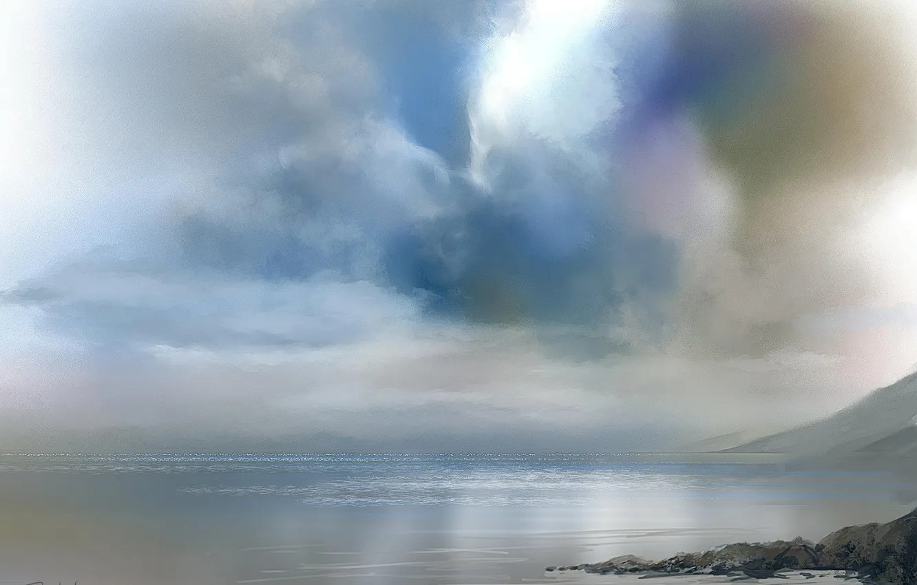 Photo wallpaper the sky, clouds, fog, lake, art
