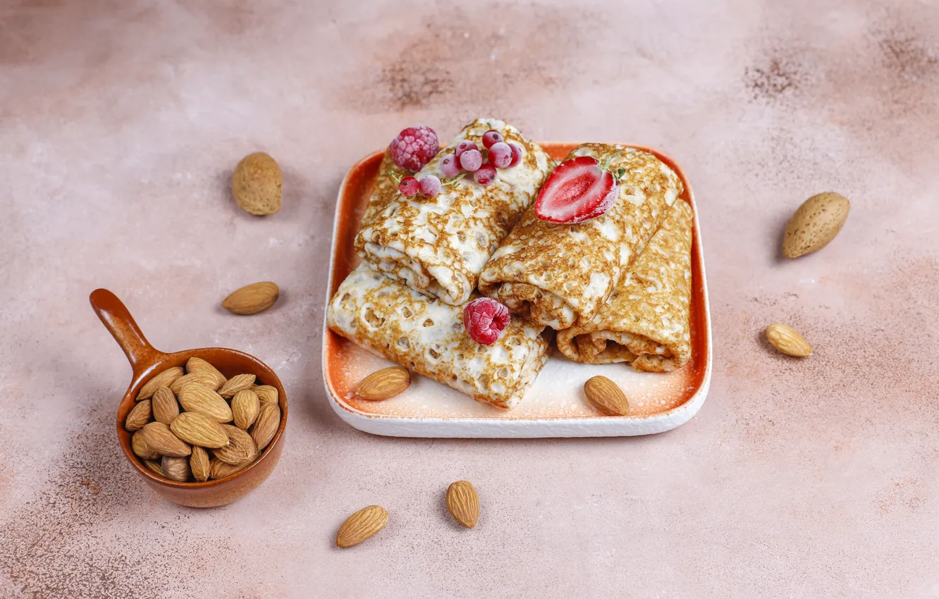 Photo wallpaper red, berries, raspberry, table, strawberry, plate, nuts, pink background