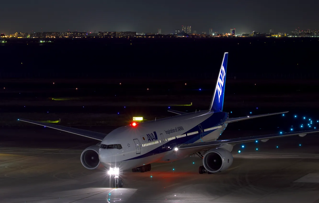 Photo wallpaper night, lights, Boeing, the plane, the airfield, passenger, 777-200