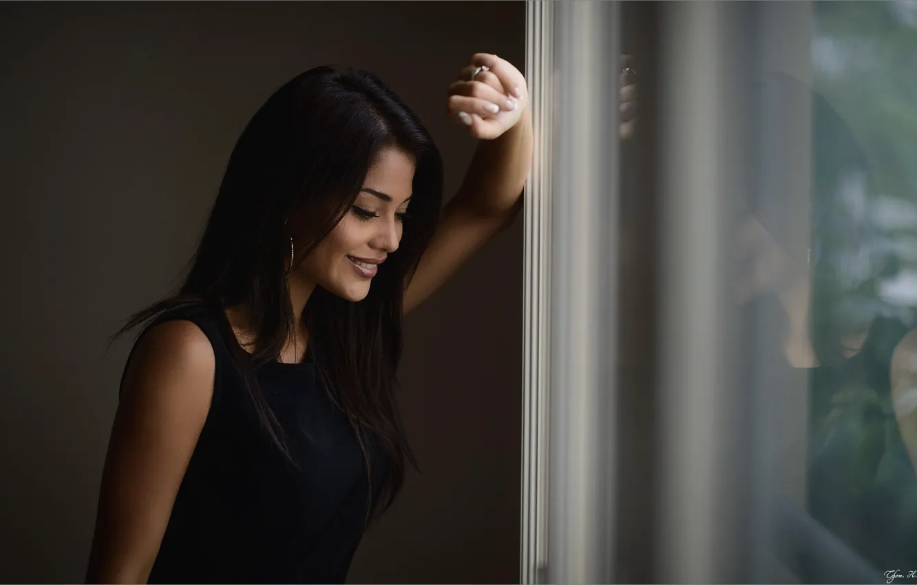 Photo wallpaper girl, smile, hair, brunette, window, beauty