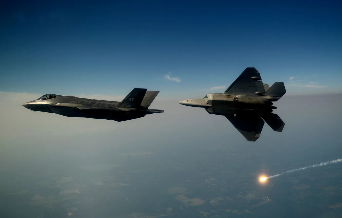 Photo wallpaper F-22, Raptor, UNITED STATES AIR FORCE, Lightning II, F-35, In the air, Lockheed Martin, The …