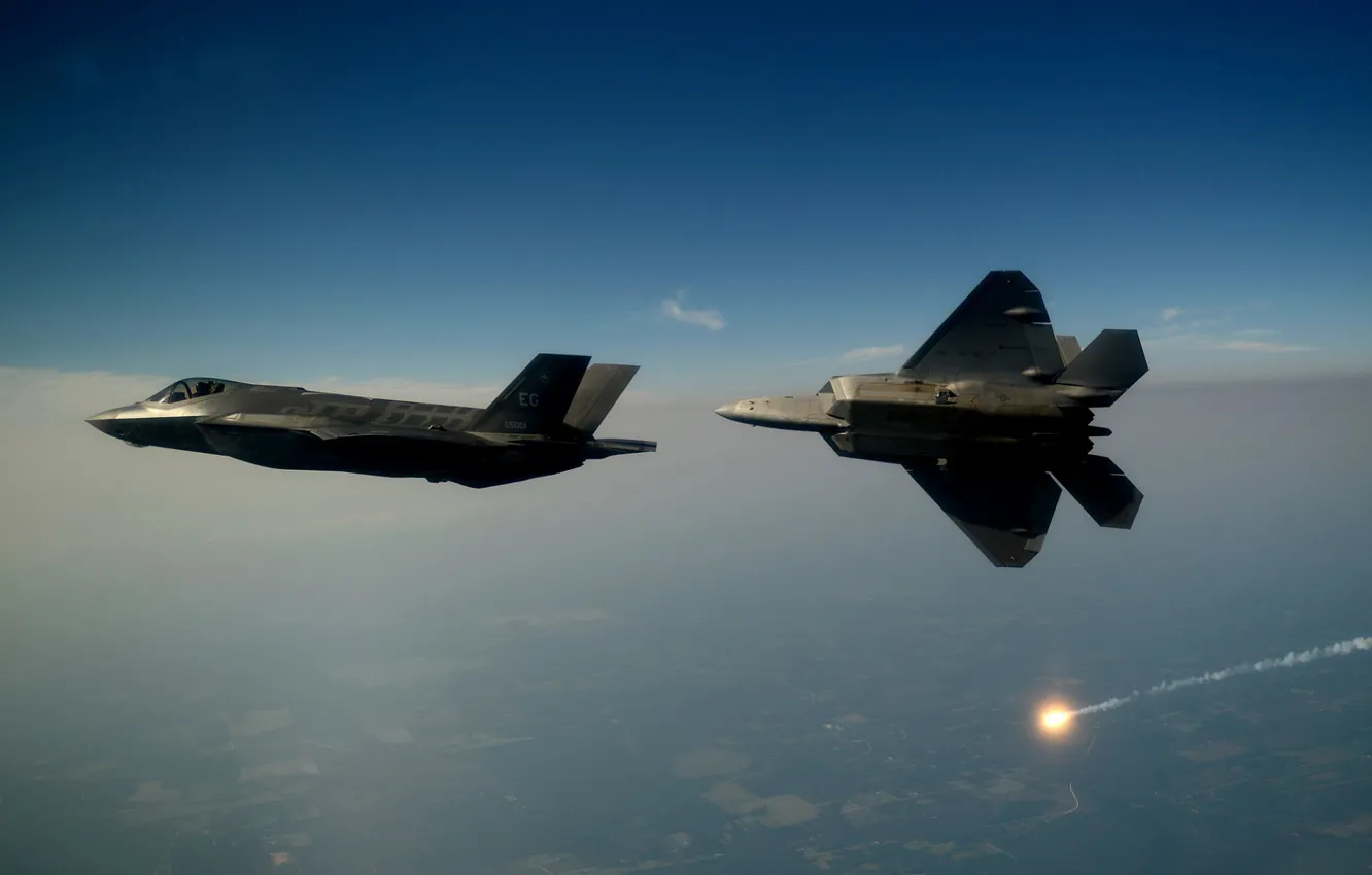 Photo wallpaper F-22, Raptor, unobtrusive, UNITED STATES AIR FORCE, Lightning II, F-35, In The Air, Lockheed Martin