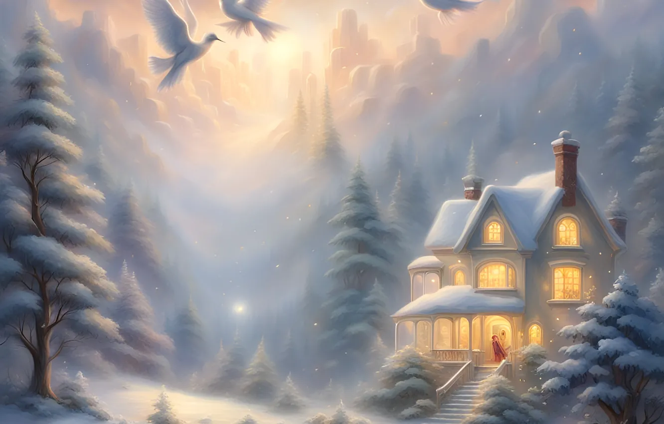 Photo wallpaper winter, forest, the sky, clouds, light, snow, trees, flight