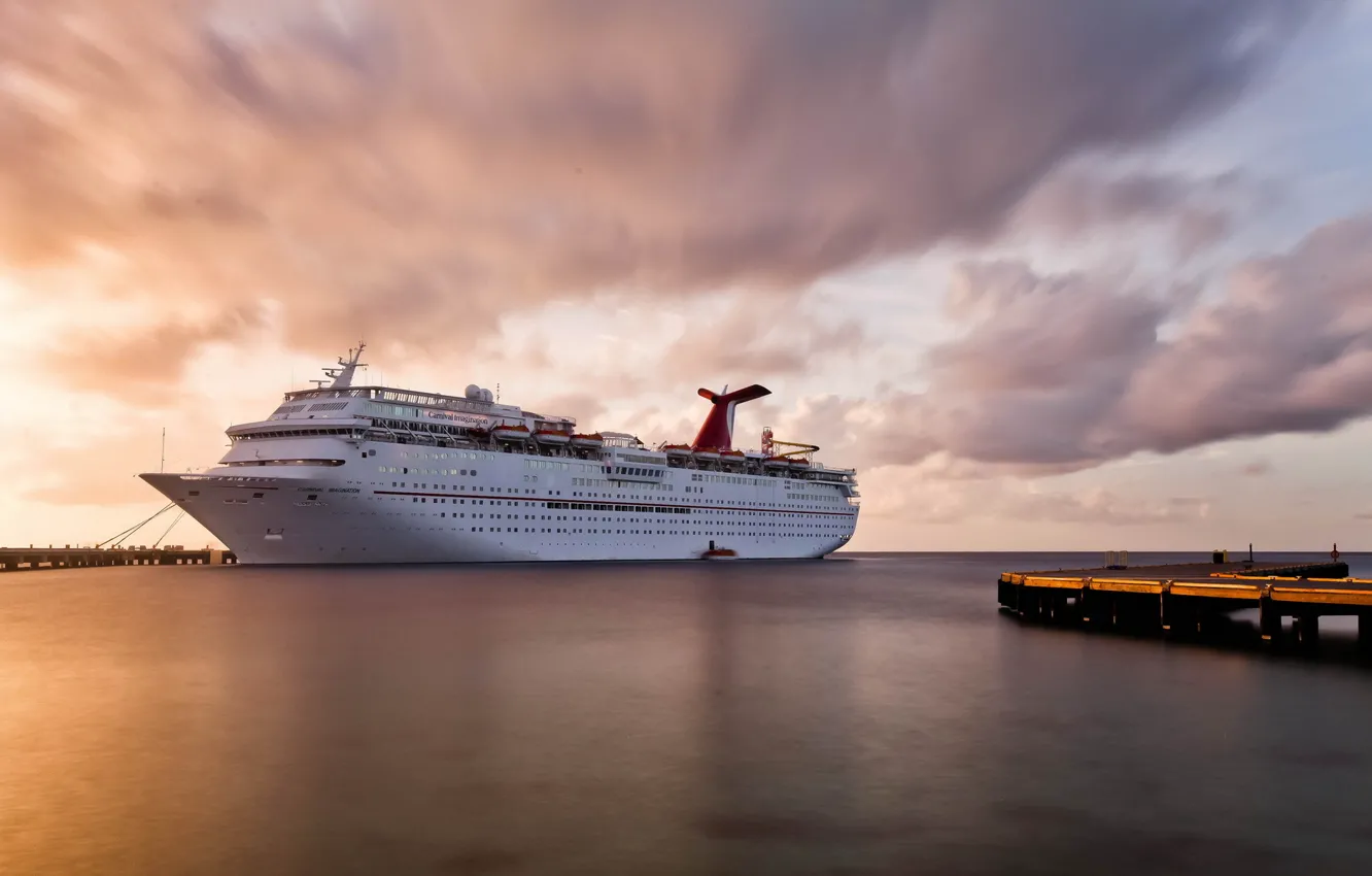 Photo wallpaper sea, sunset, ship