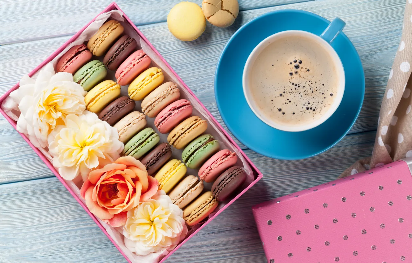 Photo wallpaper flowers, gift, colorful, wood, pink, flowers, coffee cup, macarons