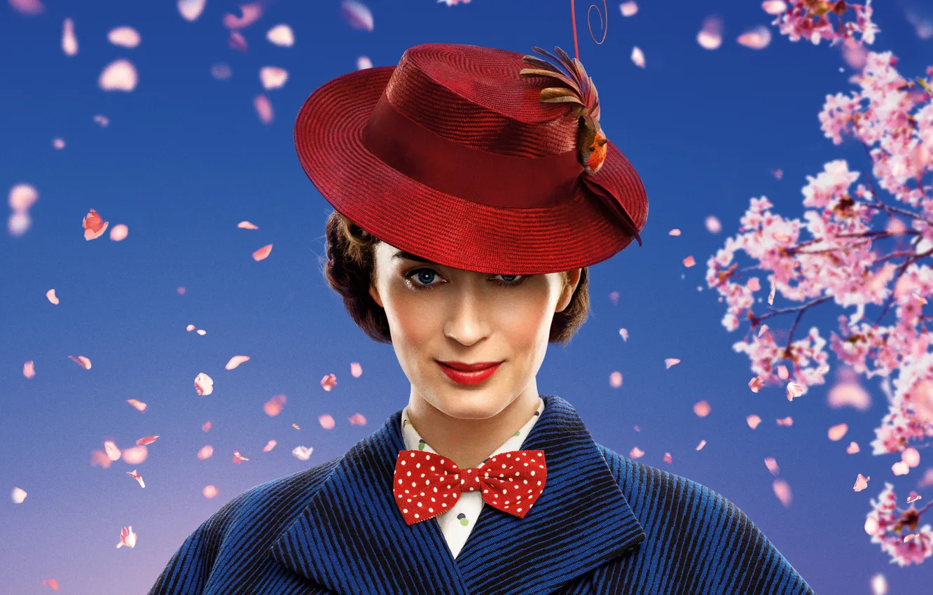 Photo wallpaper flowers, background, hat, petals, fantasy, poster, Emily Blunt, Emily Blunt
