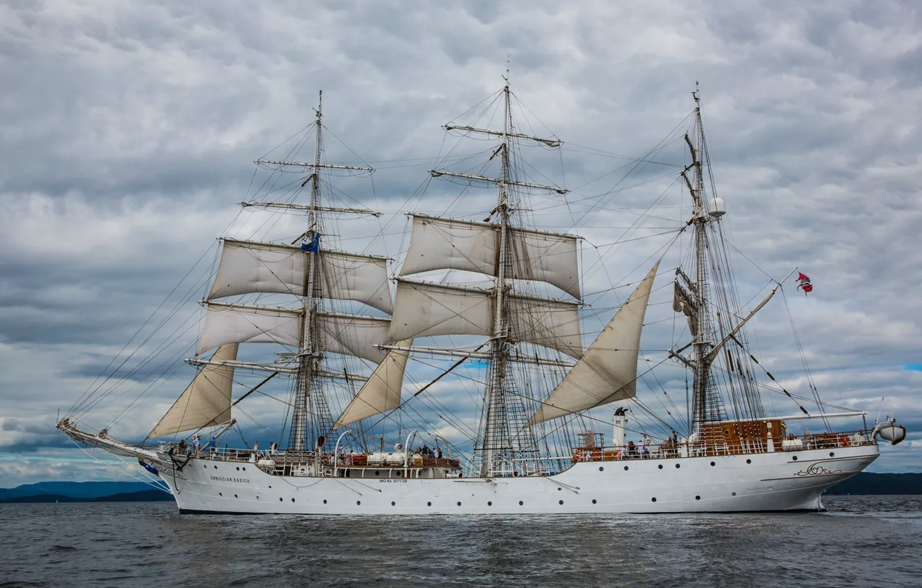 Photo wallpaper sea, clouds, overcast, coast, ship, sailboat, Norway, sails