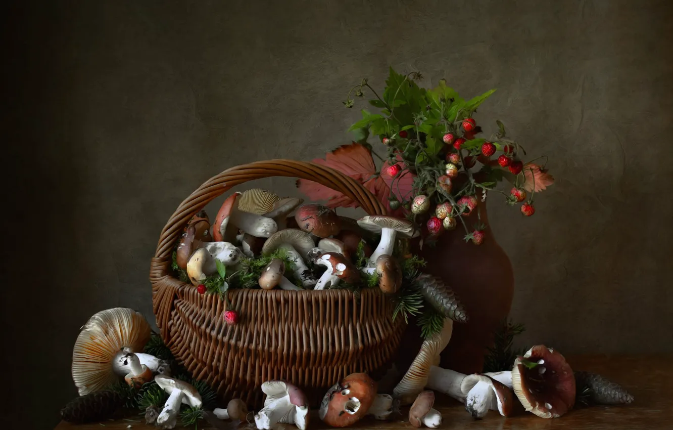 Photo wallpaper berries, table, mushrooms, food, strawberries, pitcher, still life, placer
