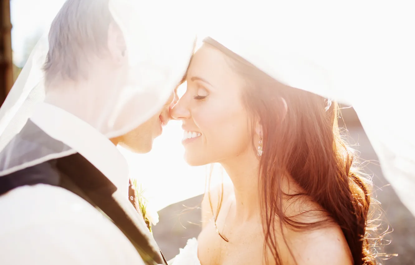 Photo wallpaper girl, smile, holiday, profile, guy, lovers, two, the bride