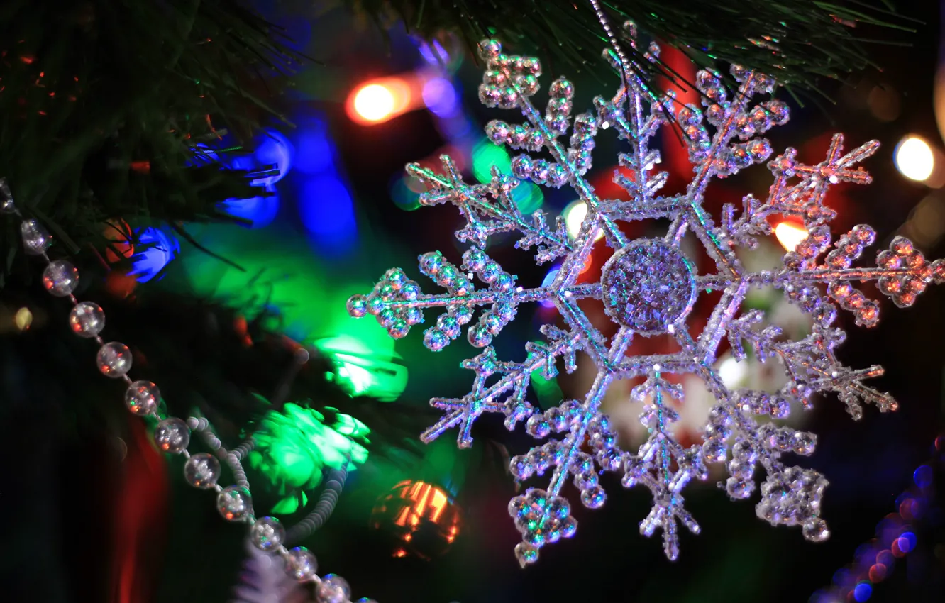 Photo wallpaper winter, branches, holiday, toys, lights, Christmas, New year, beads