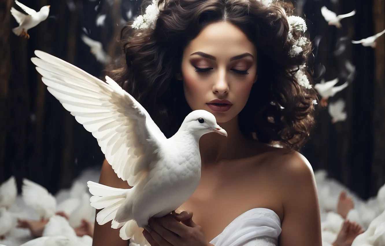 Photo wallpaper bird, brunette, pigeons