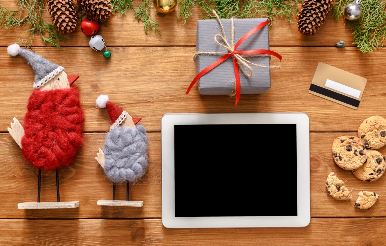 Photo wallpaper decoration, gift, balls, new year, Christmas, Christmas, tablet, wood