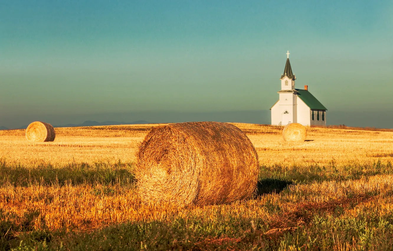 Photo wallpaper field, the sky, mountains, harvest, hay, Church