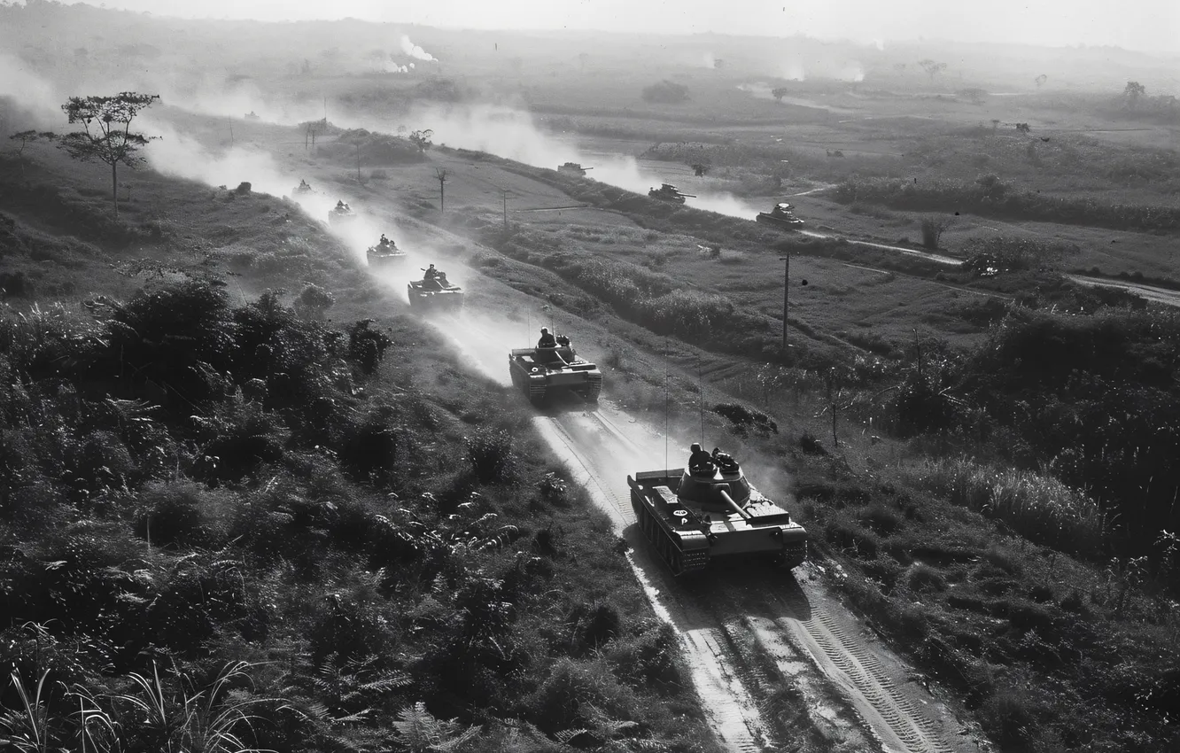 Photo wallpaper retro, dust, tank, columns, black and white, digital art, AI art, The Art of Artificial …