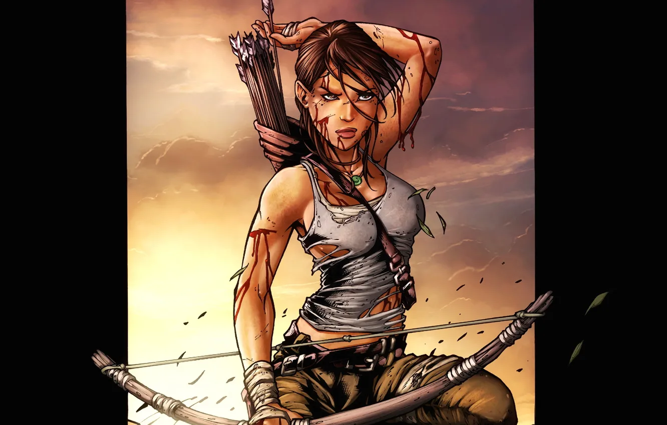 Photo wallpaper girl, sunset, weapons, bow, Lara Croft, arrows, quiver, game wallpapers