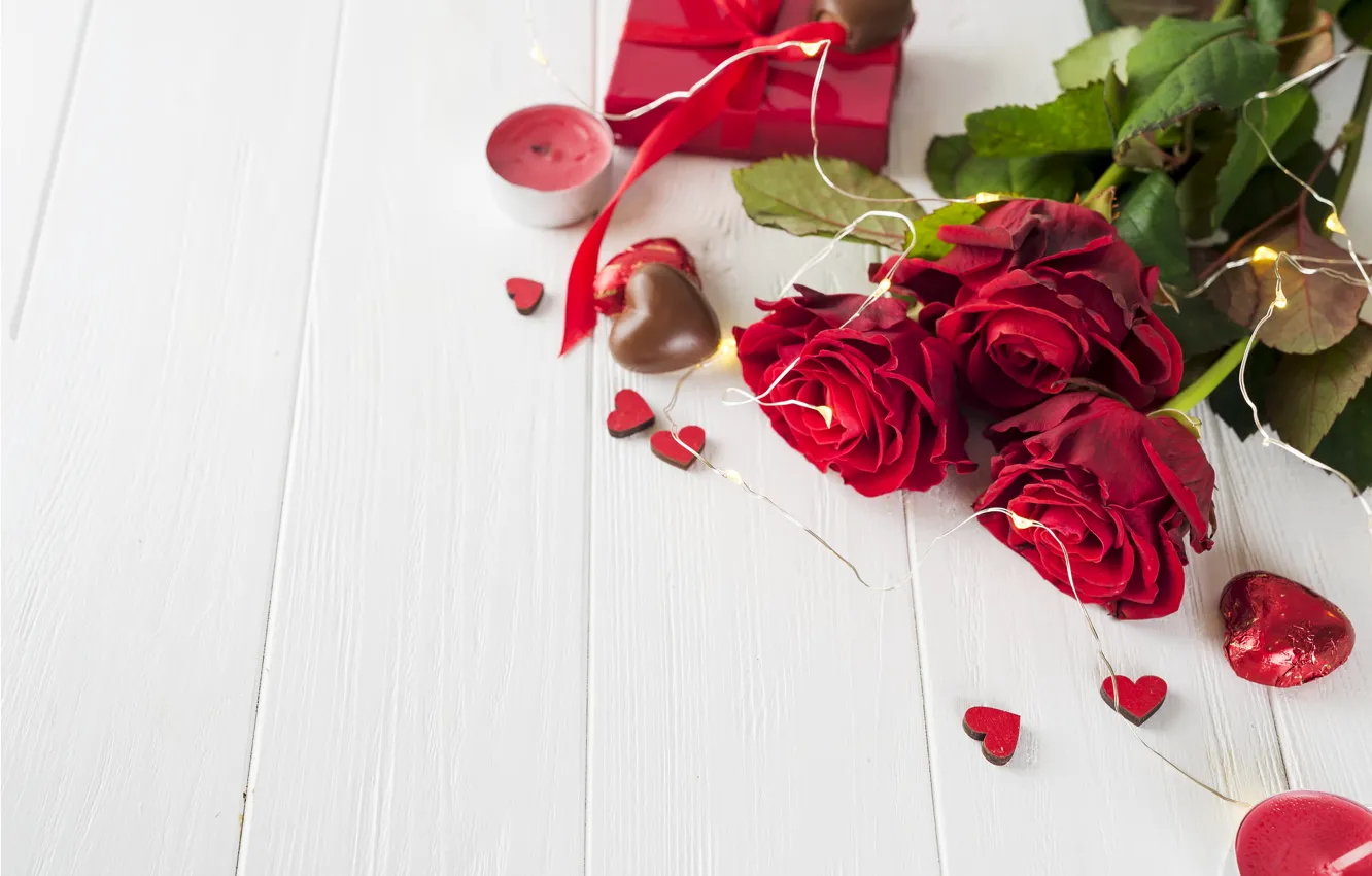 Photo wallpaper flowers, red, gift, roses, bouquet, hearts, red, love