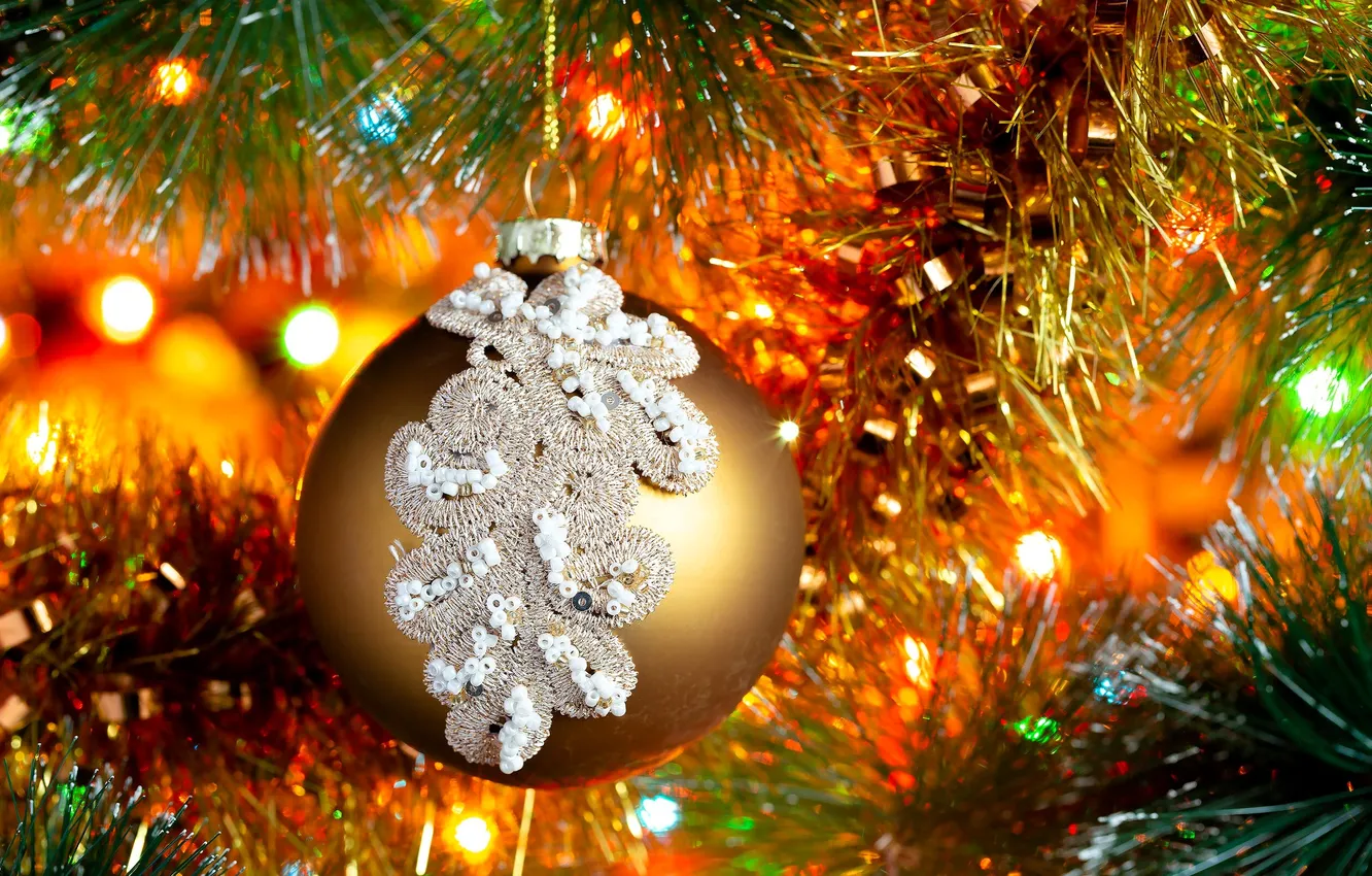 Photo wallpaper balls, decoration, glare, lights, garland, tinsel
