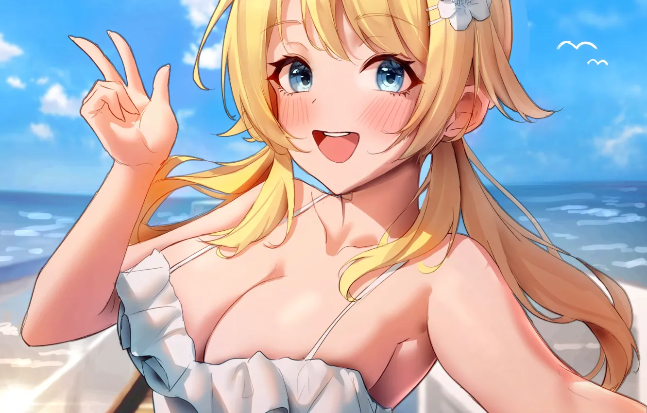 Photo wallpaper girl, sexy, cleavage, blouse, long hair, sea, boobs, anime