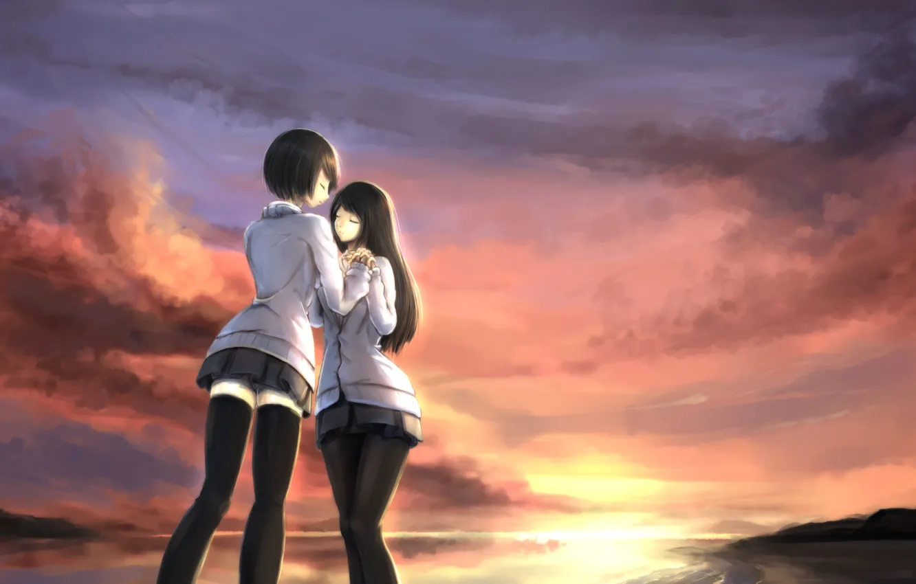 Photo wallpaper sunset, smile, girls, hugs, art, kikivi